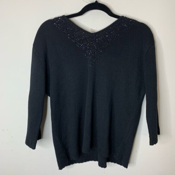 Vintage 90s Dolce Bella Wool Sequin Embroidery Sweater Black Scalloped Hem L - Picture 10 of 11